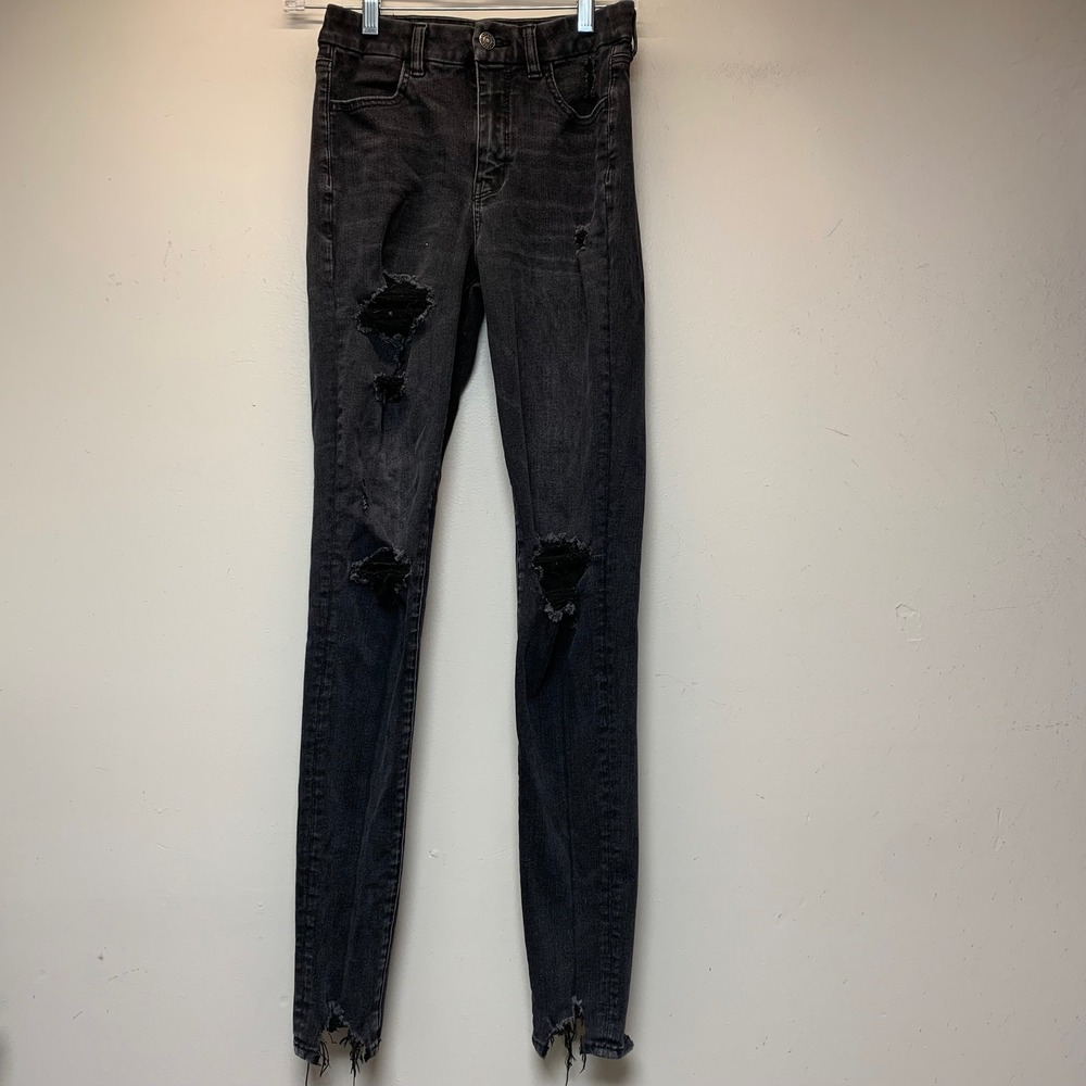 American Eagle Jeggings Womens 4 X-Long Black Excellent Distressed Dream Jean